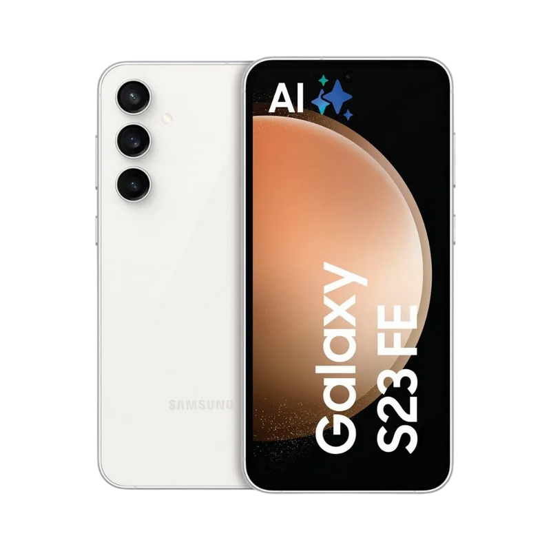 Samsung Galaxy S23 FE blanc, affiché de face avec marquage Galaxy S23 FE et de dos avec triple caméra verticale. Visuel iTelier Lyon : réparation écran AMOLED, remplacement batterie, vitre arrière abîmée. Diagnostic gratuit et service rapide garanti.