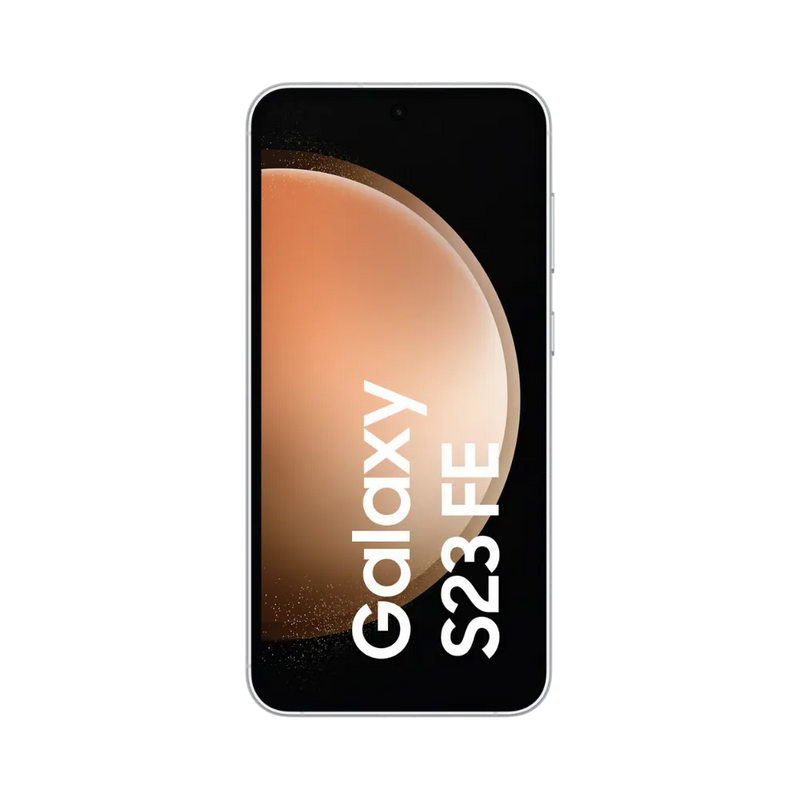 Face avant du Galaxy S23 FE blanc, écran bord à bord lumineux avec poinçon central et affichage dégradé orangé. Réparation iTelier Lyon : changement écran OLED d’origine, correction tactile, diagnostic offert et réparation express en boutique ou par correspondance.