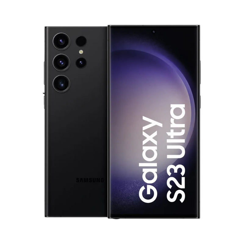 Samsung Galaxy S23 Ultra noir, affiché de face avec marquage Galaxy S23 Ultra et de dos avec quadruple caméra arrière imposante. Visuel iTelier Lyon : réparation écran AMOLED, remplacement batterie, vitre arrière abîmée. Diagnostic gratuit et service rapide garanti.