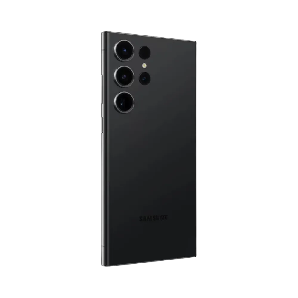 Dos du Galaxy S23 Ultra noir mat, bloc photo avec quatre capteurs alignés et flash. Service iTelier Lyon : remplacement vitre arrière, réparation module photo, changement batterie et port de charge. Diagnostic gratuit et garantie 1 an.