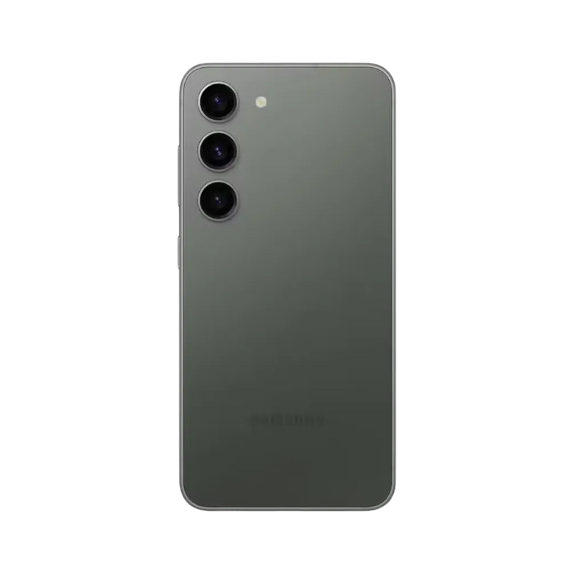 Dos du Galaxy S23 vert mat, triple module photo vertical accompagné d’un flash. Service iTelier Lyon : remplacement vitre arrière en verre, réparation caméra, changement batterie et port USB-C. Diagnostic gratuit et pièces garanties 1 an.