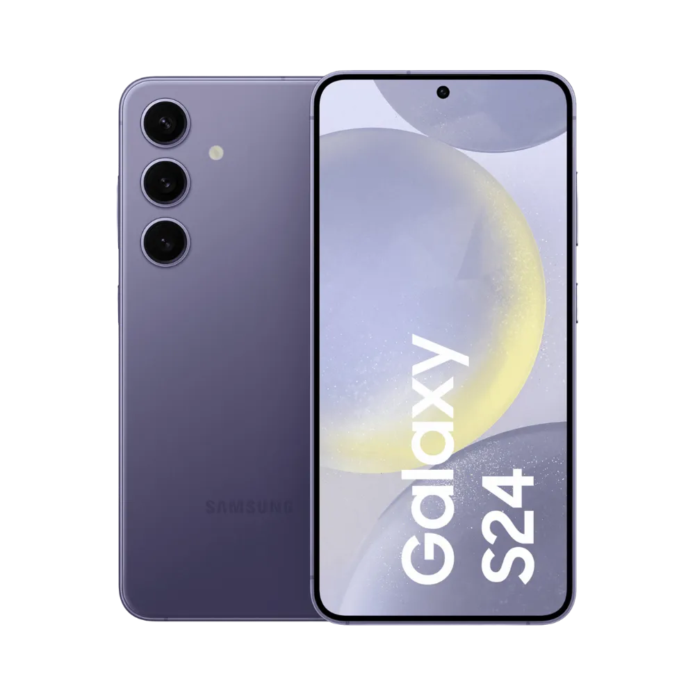 Samsung Galaxy S24 violet, affiché de face avec marquage Galaxy S24 et de dos avec triple caméra verticale. Visuel iTelier Lyon : réparation écran AMOLED, changement batterie, vitre arrière cassée. Diagnostic gratuit et service rapide garanti.