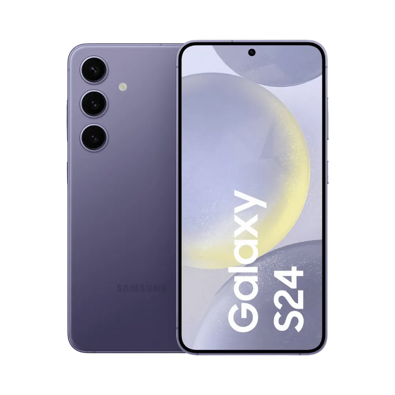 Samsung Galaxy S24 violet, affiché de face avec marquage Galaxy S24 et de dos avec triple caméra verticale. Visuel iTelier Lyon : réparation écran AMOLED, changement batterie, vitre arrière cassée. Diagnostic gratuit et service rapide garanti.