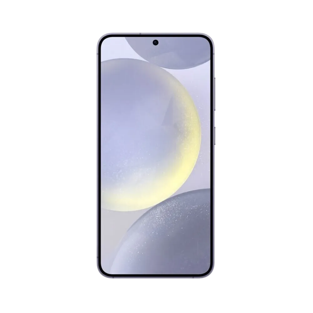 Face avant du Galaxy S24 violet, écran bord à bord lumineux avec poinçon central et affichage clair. Réparation iTelier Lyon : remplacement écran OLED d’origine, réparation tactile, diagnostic offert et intervention rapide avec pièces certifiées.