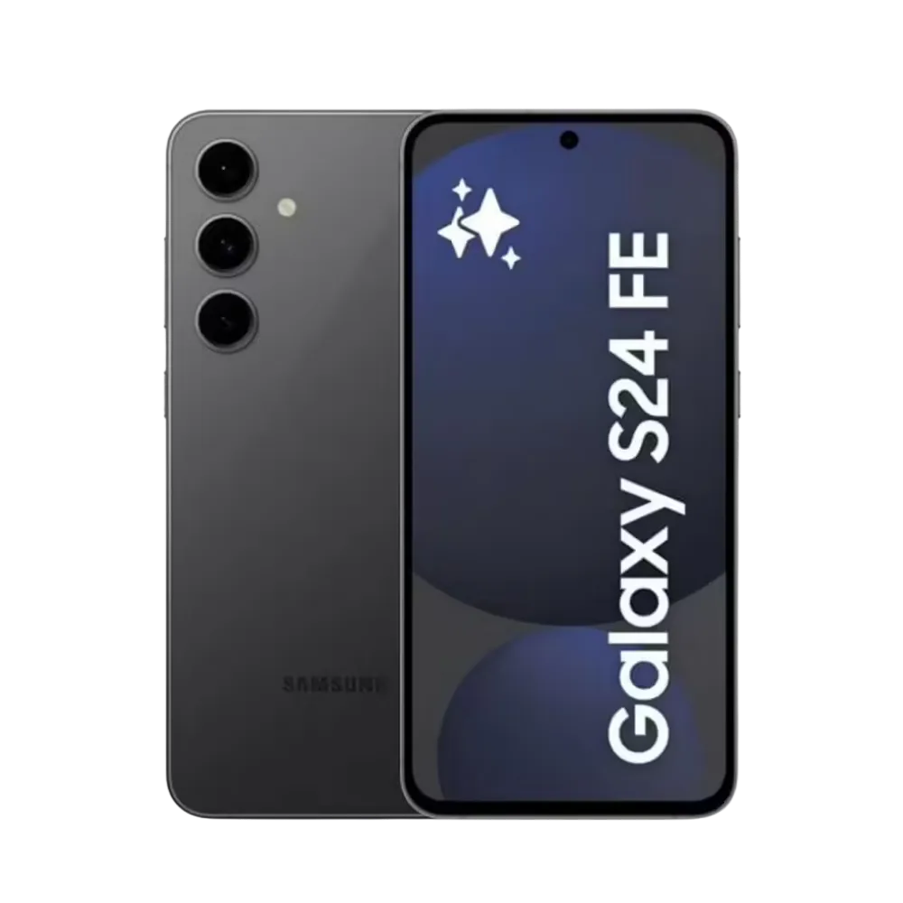 Samsung Galaxy S24 FE noir, affiché de face avec marquage Galaxy S24 FE et de dos avec triple caméra verticale. Visuel iTelier Lyon : réparation écran AMOLED, changement batterie, vitre arrière rayée ou fissurée. Diagnostic gratuit et service rapide garanti.
