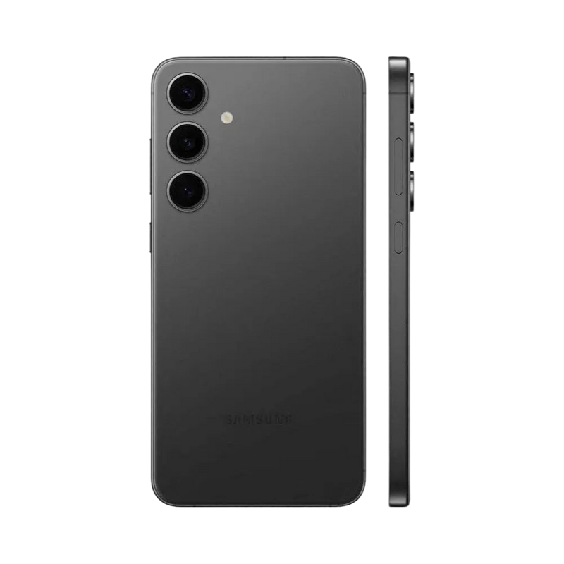 Deux Galaxy S24 Plus noirs côte à côte, l’un de face avec écran allumé Galaxy S24+ et l’autre de dos montrant le triple capteur. iTelier Lyon : réparation écran, vitre arrière, batterie et caméra. Diagnostic gratuit et service rapide.