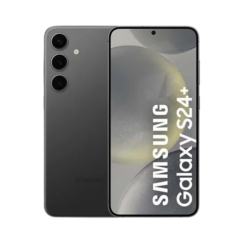 Samsung Galaxy S24 Plus noir, affiché de face avec marquage Galaxy S24+ et de dos avec triple caméra verticale. Visuel iTelier Lyon : réparation écran AMOLED, changement batterie, vitre arrière abîmée. Diagnostic gratuit et service rapide garanti.