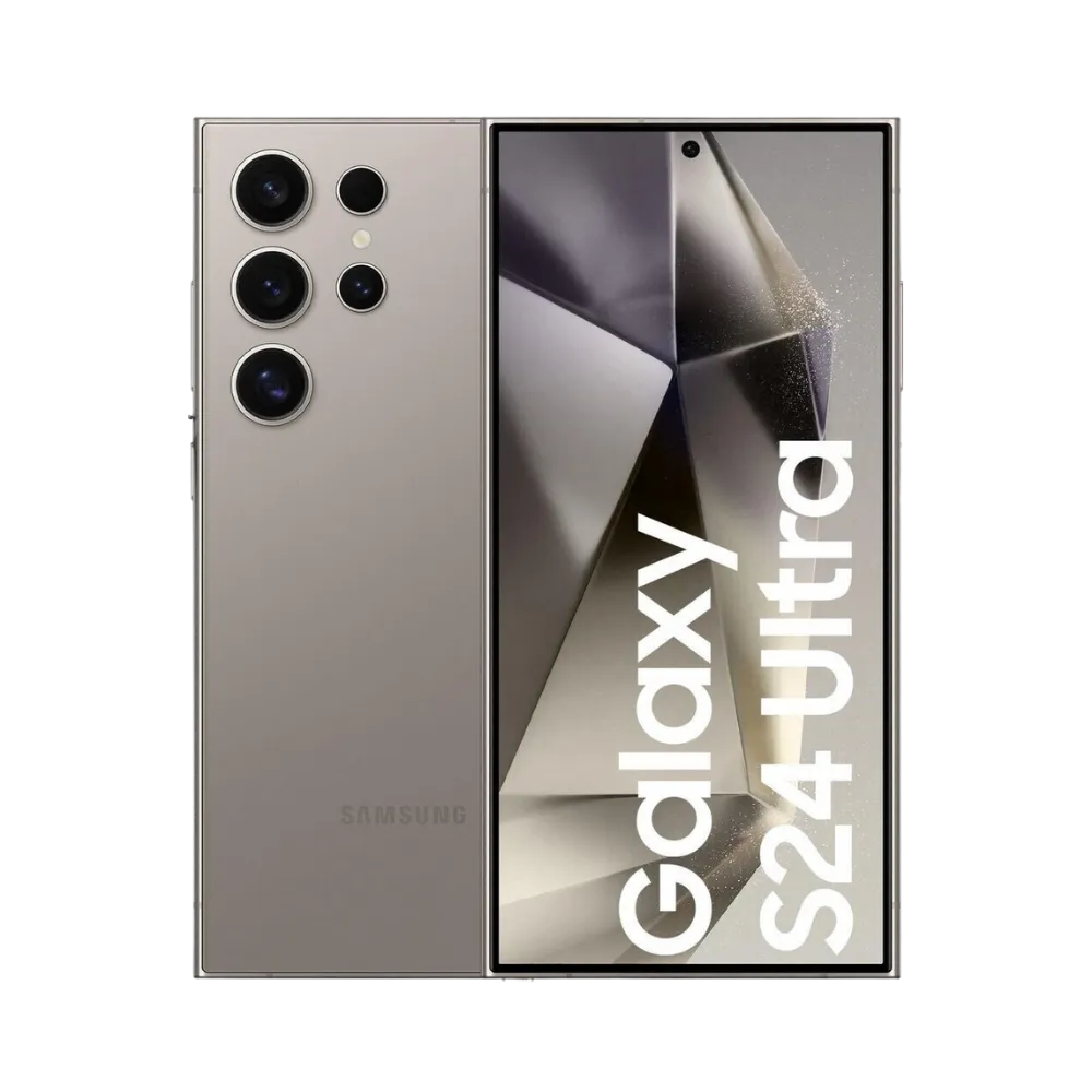 Samsung Galaxy S24 Ultra titane, affiché de face avec marquage Galaxy S24 Ultra et de dos avec quadruple caméra proéminente. Visuel iTelier Lyon : réparation écran AMOLED, remplacement batterie, vitre arrière fissurée. Diagnostic gratuit et service rapide garanti 1 an.