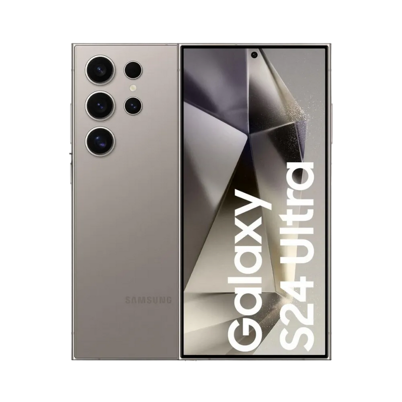Samsung Galaxy S24 Ultra titane, affiché de face avec marquage Galaxy S24 Ultra et de dos avec quadruple caméra proéminente. Visuel iTelier Lyon : réparation écran AMOLED, remplacement batterie, vitre arrière fissurée. Diagnostic gratuit et service rapide garanti 1 an.