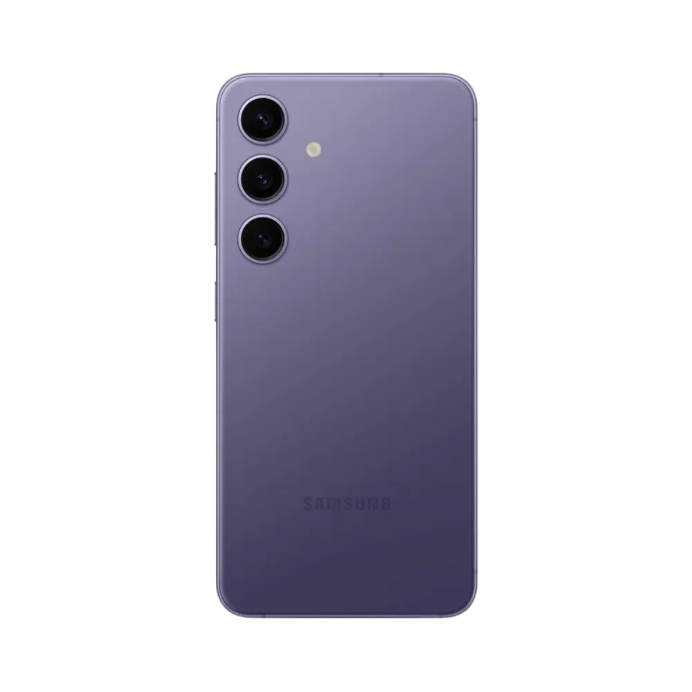 Dos du Galaxy S24 violet mat, triple module photo vertical avec flash. Service iTelier Lyon : remplacement vitre arrière, réparation appareil photo, changement batterie et connecteur de charge. Diagnostic gratuit et garantie 1 an.