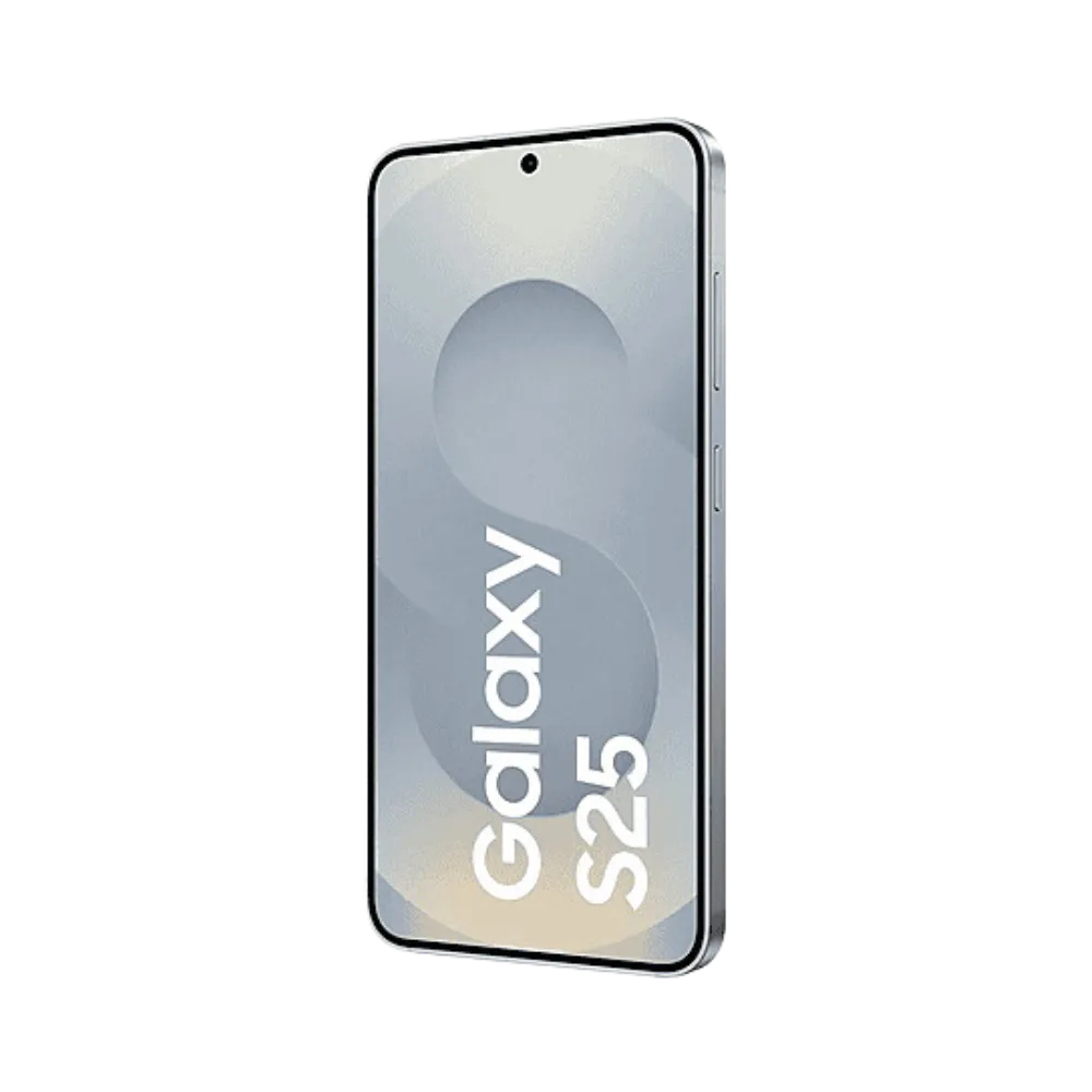 Deux Samsung Galaxy S25 argent présentés côte à côte : un de face avec écran affichant Galaxy S25 et un de dos avec triple caméra. Réparation iTelier Lyon : écran, vitre arrière, batterie et caméra. Diagnostic gratuit, intervention rapide.