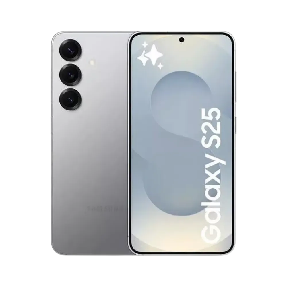 Samsung Galaxy S25 argent, affiché de face avec marquage Galaxy S25 et de dos avec triple capteur photo vertical. Visuel iTelier Lyon : remplacement écran AMOLED, changement batterie, vitre arrière endommagée. Diagnostic gratuit et service rapide garanti.