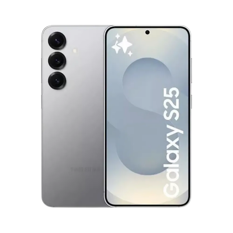 Samsung Galaxy S25 argent, affiché de face avec marquage Galaxy S25 et de dos avec triple capteur photo vertical. Visuel iTelier Lyon : remplacement écran AMOLED, changement batterie, vitre arrière endommagée. Diagnostic gratuit et service rapide garanti.