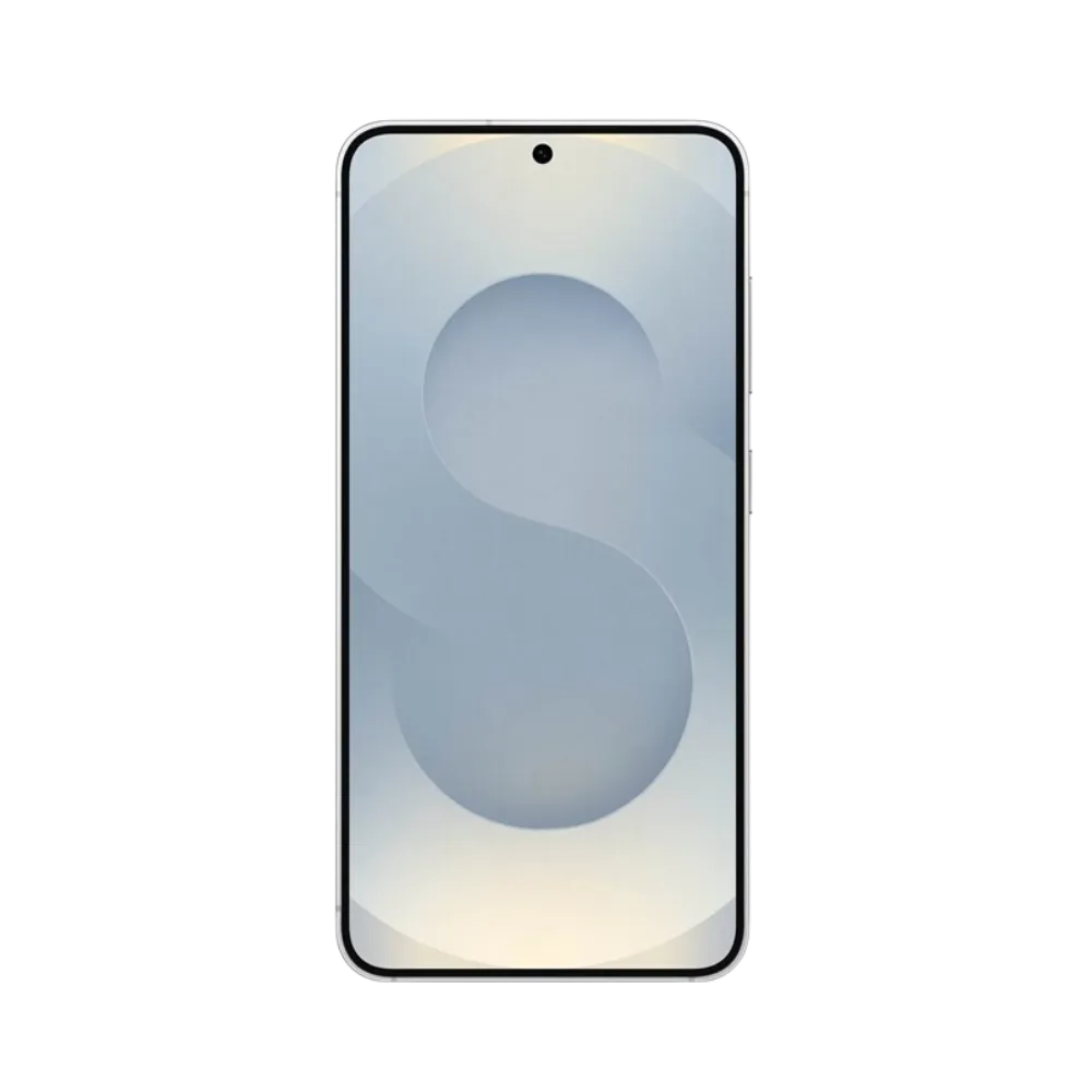 Face avant du Galaxy S25 argent, écran lumineux bord à bord avec poinçon central et affichage sobre. Réparation iTelier Lyon : remplacement écran OLED d’origine, diagnostic offert, réparation express avec pièces certifiées en boutique ou par correspondance.