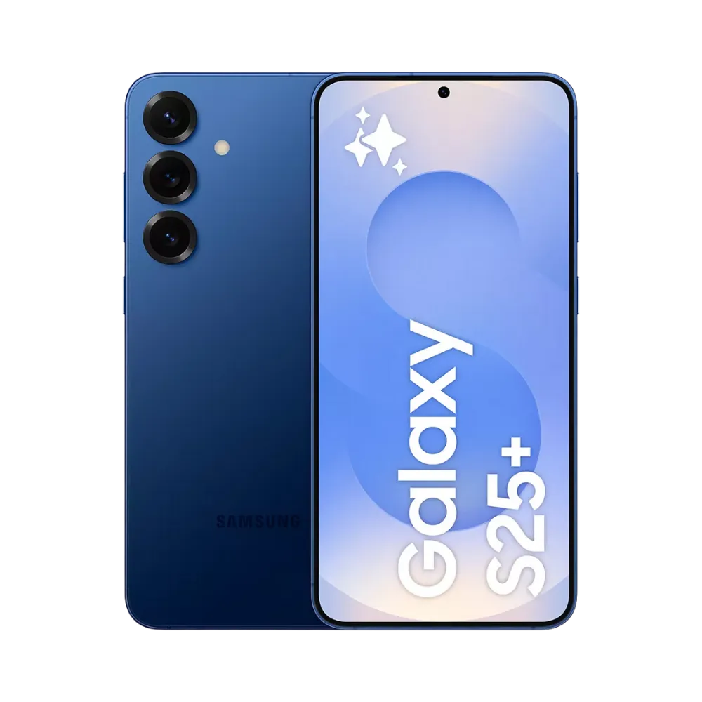 Samsung Galaxy S25 Plus bleu, affiché de face avec marquage Galaxy S25+ et de dos avec triple module photo vertical. Visuel iTelier Lyon : réparation écran AMOLED, remplacement batterie, vitre arrière fissurée. Diagnostic gratuit, service rapide et pièces garanties.