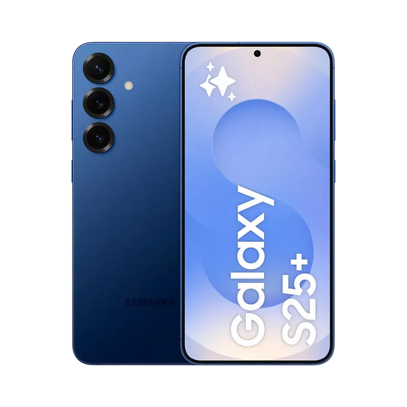 Samsung Galaxy S25 Plus bleu, affiché de face avec marquage Galaxy S25+ et de dos avec triple module photo vertical. Visuel iTelier Lyon : réparation écran AMOLED, remplacement batterie, vitre arrière fissurée. Diagnostic gratuit, service rapide et pièces garanties.