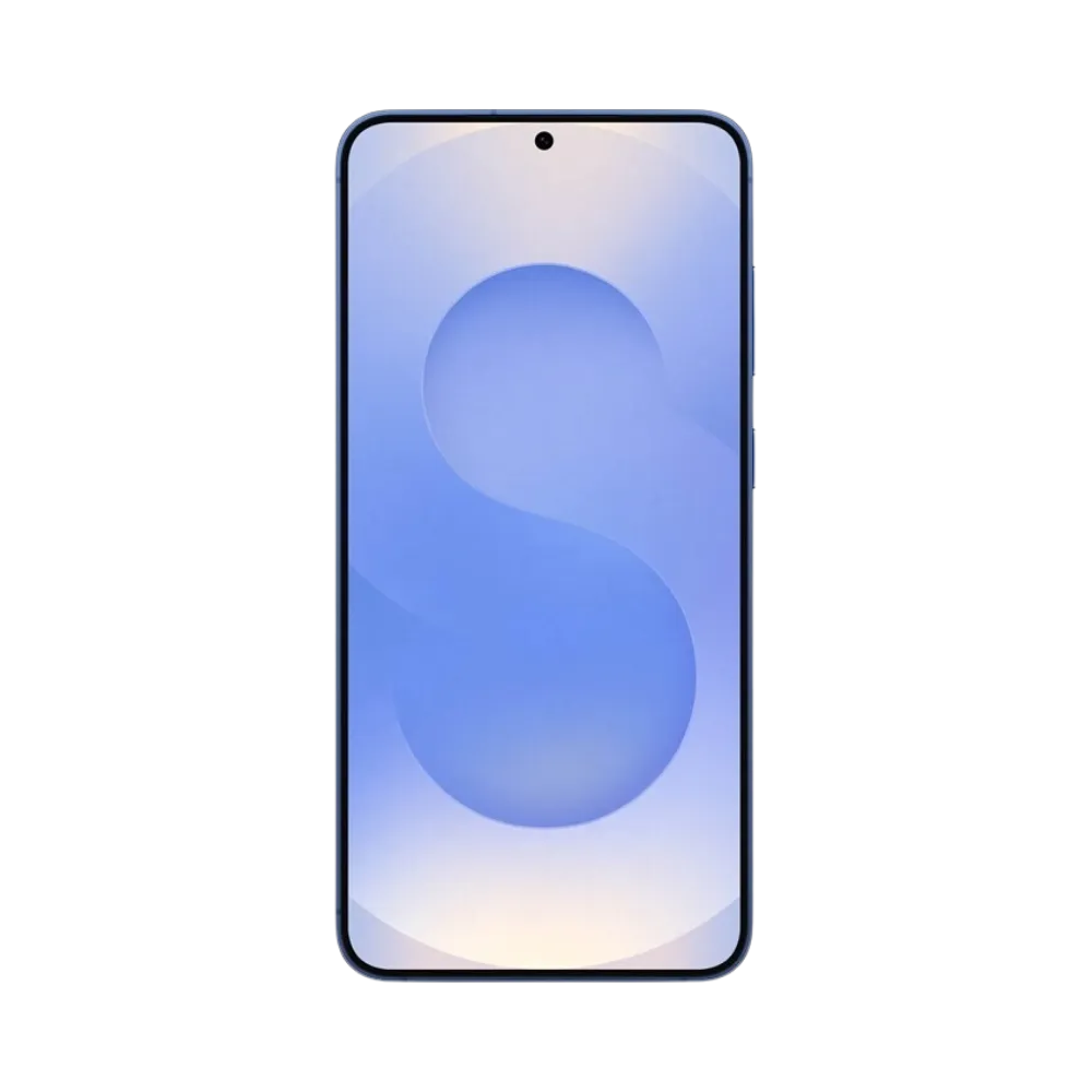 Face avant du Galaxy S25 Plus bleu, écran lumineux bord à bord avec poinçon central et affichage clair. Réparation iTelier Lyon : changement écran OLED d’origine, remise en état tactile, diagnostic offert et intervention express en boutique ou par correspondance.