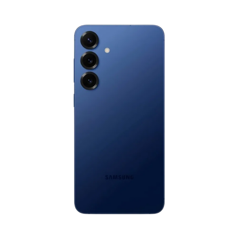 Dos du Galaxy S25 Plus bleu brillant, triple caméra verticale avec flash intégré. Visuel iTelier Lyon : remplacement vitre arrière en verre, réparation module photo, changement batterie et connecteur USB-C. Diagnostic gratuit et garantie 1 an.