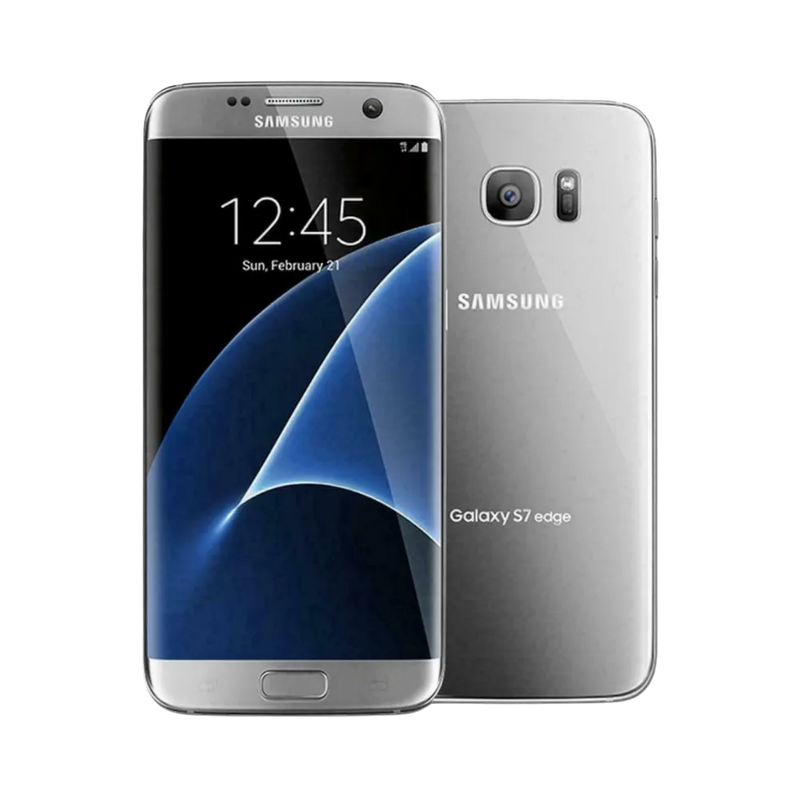 Samsung Galaxy S7 Edge argent vu de face et de dos. iTelier Lyon : remplacement écran incurvé AMOLED, vitre arrière fissurée, batterie usée, caméra. Diagnostic gratuit et réparations garanties 1 an.