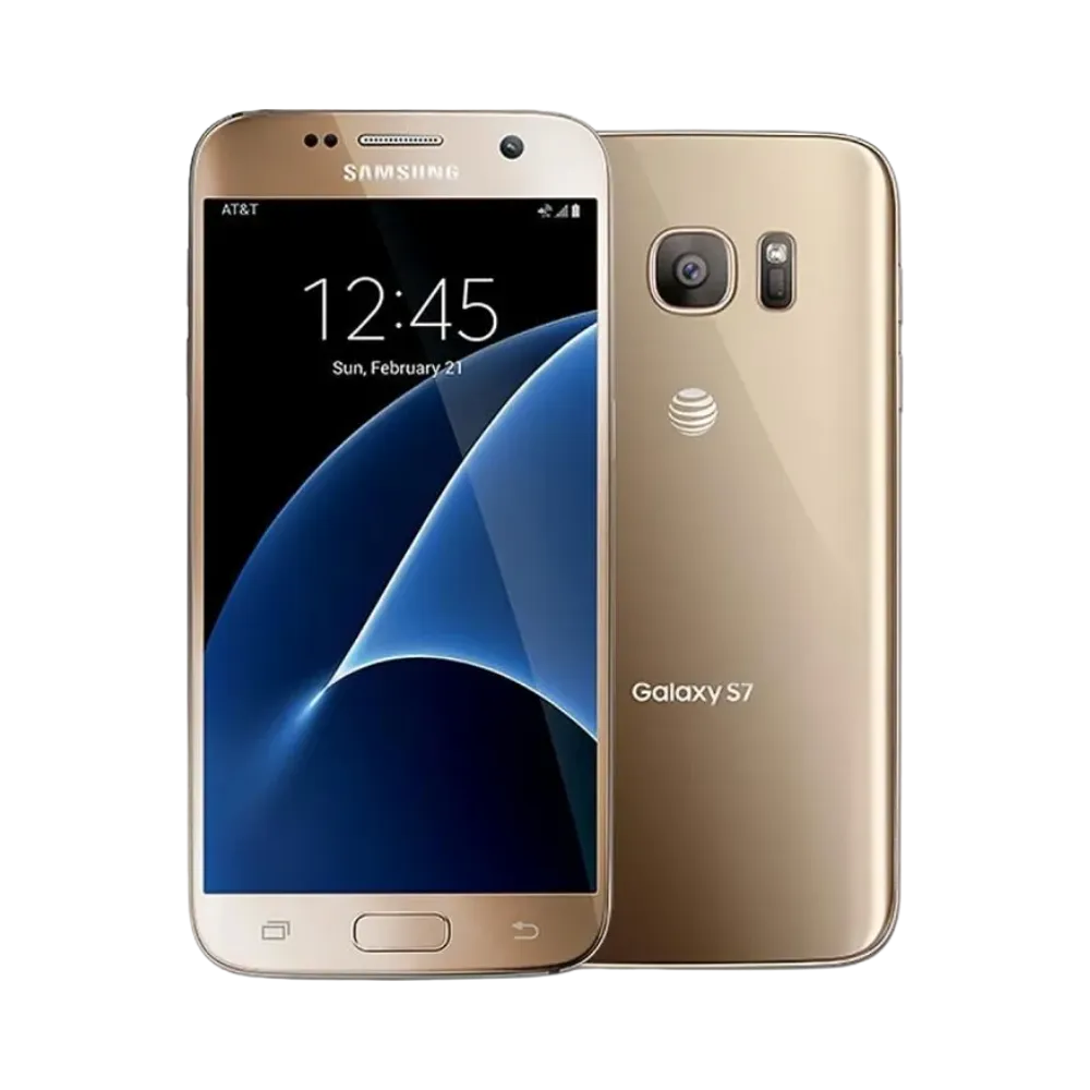 Samsung Galaxy S7 or vu de face et de dos. iTelier Lyon : réparation écran AMOLED cassé, vitre arrière fissurée, remplacement batterie, caméra et connecteur de charge. Diagnostic gratuit et garantie 1 an.