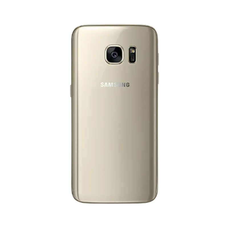 Dos du Galaxy S7 or avec capteur photo central et finition brillante. iTelier Lyon : remplacement vitre arrière cassée, batterie usée ou caméra défectueuse. Réparations rapides garanties 1 an.