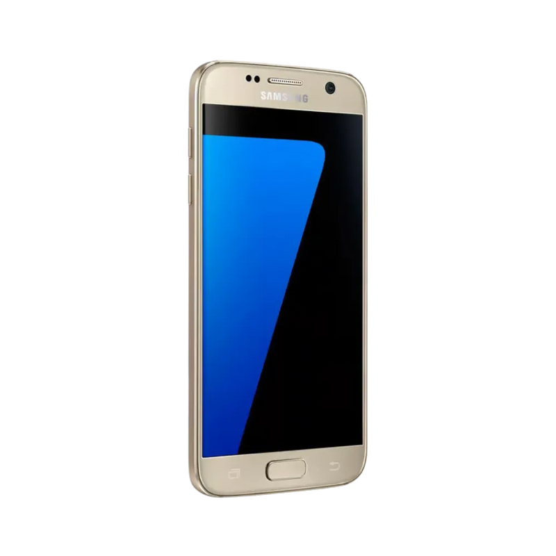 Vue inclinée du Galaxy S7 or mettant en avant son design compact. iTelier Lyon : réparation écran tactile, haut-parleur interne, port USB et boutons latéraux. Diagnostic offert et transparence totale.