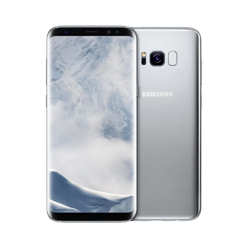 Samsung Galaxy S8 Plus argent affichant son écran incurvé Infinity et son dos en verre brillant. iTelier Lyon : remplacement écran AMOLED, vitre arrière, batterie, caméra. Diagnostic gratuit et garantie 1 an sur chaque réparation.