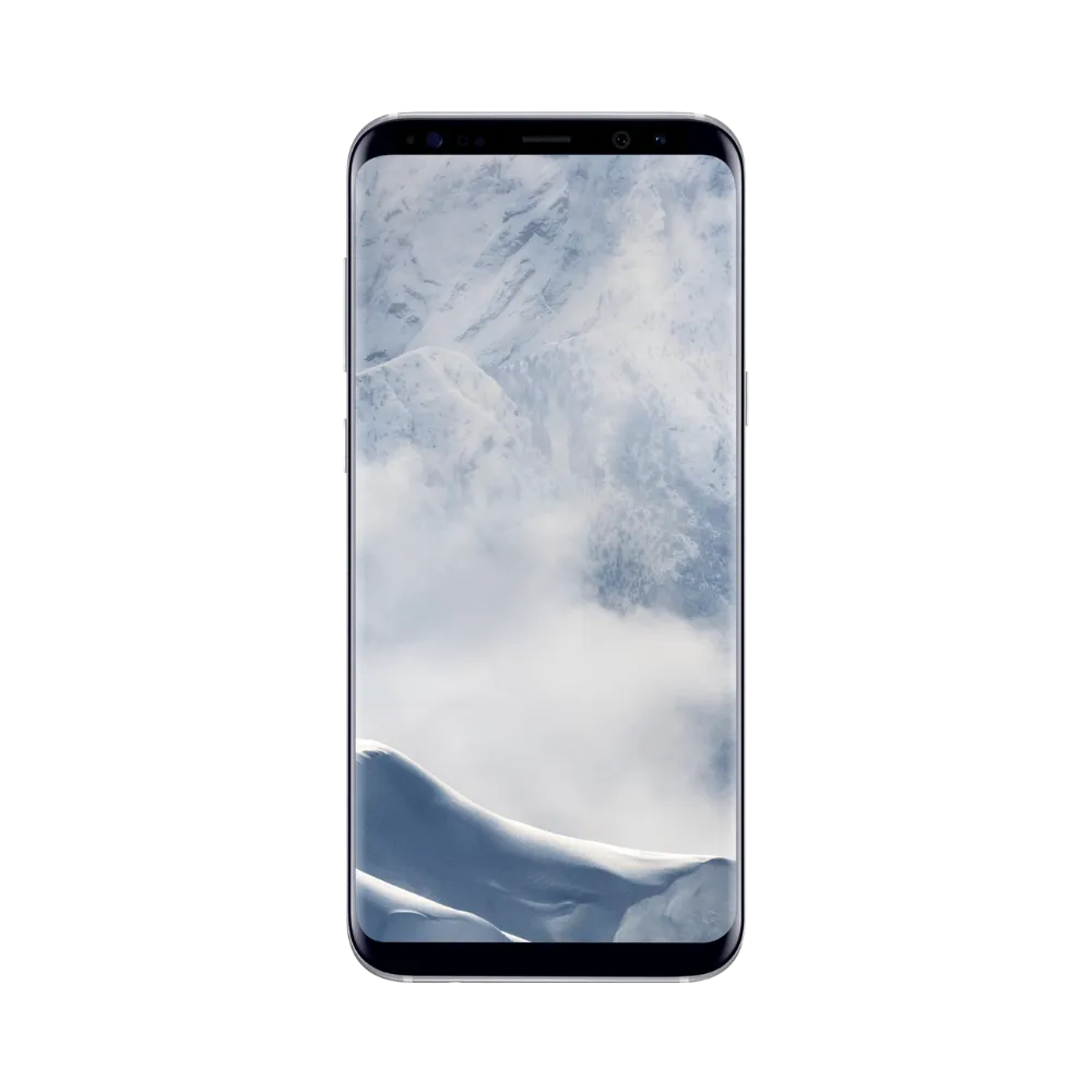 Vue avant du Galaxy S8 Plus argent avec écran bord à bord incurvé et finesse des contours. iTelier Lyon : réparation vitre fissurée, dalle OLED, tactile non réactif. Service express en boutique à Lyon ou par correspondance France entière.