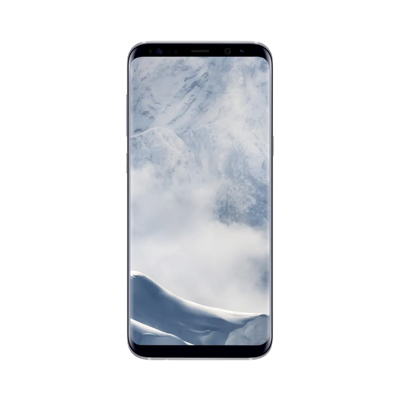 Vue avant du Galaxy S8 Plus argent avec écran bord à bord incurvé et finesse des contours. iTelier Lyon : réparation vitre fissurée, dalle OLED, tactile non réactif. Service express en boutique à Lyon ou par correspondance France entière.