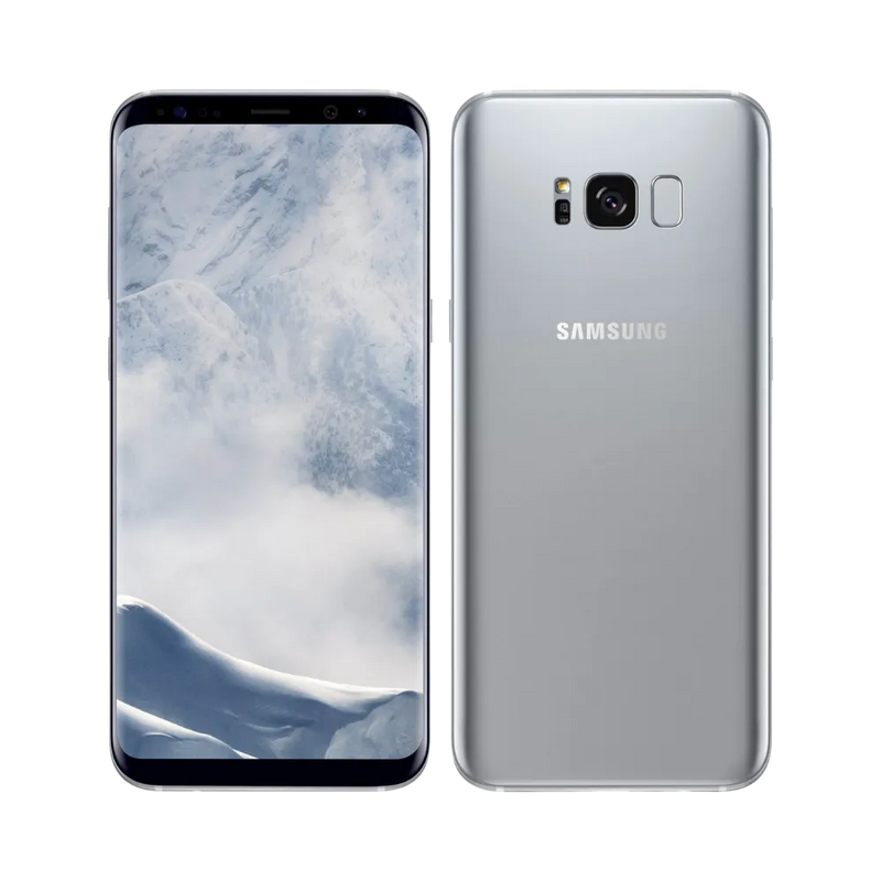 Galaxy S8 Plus argent en vue inclinée mettant en avant la brillance de la coque et le design incurvé. iTelier Lyon : réparation vitre arrière cassée, caméra, connecteur de charge, haut-parleur. Diagnostic offert et garantie 1 an.