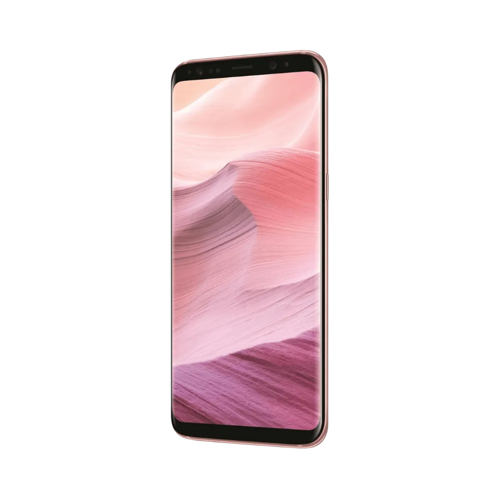 Vue inclinée du Galaxy S8 rose mettant en avant l’écran sans bordures et ses finitions soignées. iTelier Lyon : réparation vitre fissurée, dalle OLED défectueuse, tactile non réactif. Service express en boutique Lyon 6 ou par envoi postal.