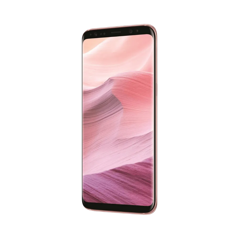 Vue inclinée du Galaxy S8 rose mettant en avant l’écran sans bordures et ses finitions soignées. iTelier Lyon : réparation vitre fissurée, dalle OLED défectueuse, tactile non réactif. Service express en boutique Lyon 6 ou par envoi postal.