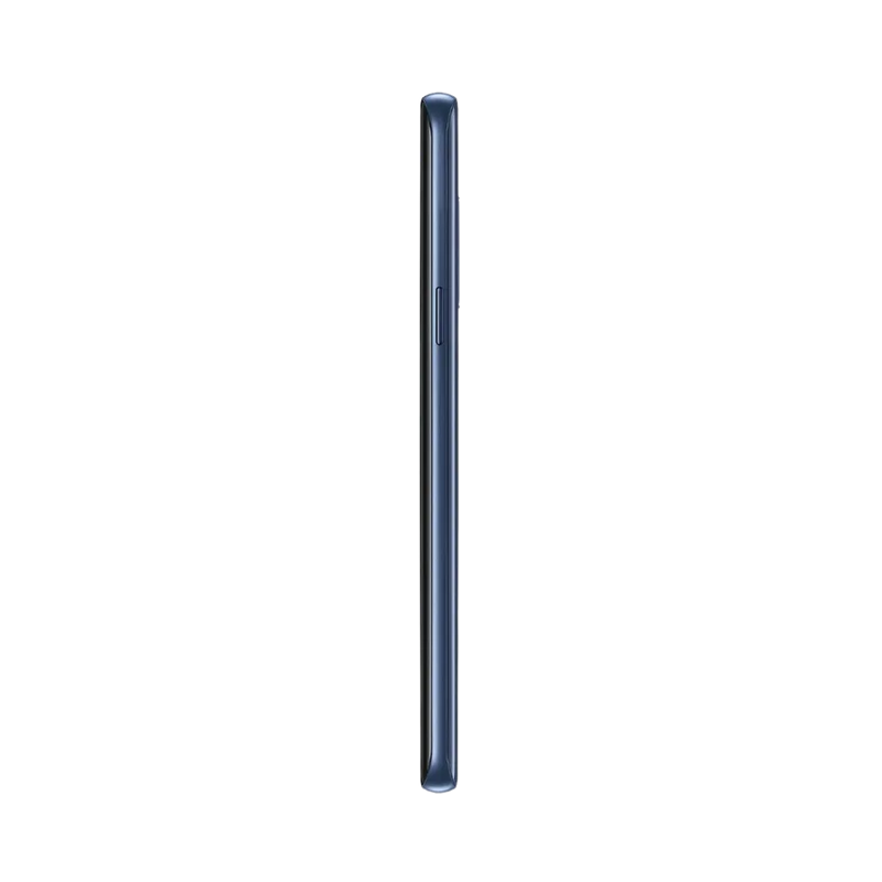 Profil du Samsung Galaxy S9 bleu, finesse des bords métalliques et boutons de volume visibles. iTelier Lyon : remplacement bouton power, nappe latérale, port USB-C. Réparations rapides avec garantie 1 an en boutique ou à distance.