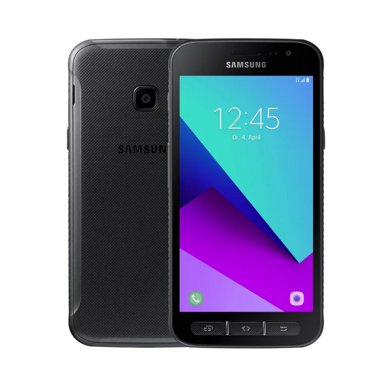 Samsung Galaxy XCover 4 vu de face et de dos. iTelier Lyon : réparation écran tactile fissuré, vitre arrière abîmée, remplacement batterie et connecteur de charge. Diagnostic gratuit, pièces garanties 1 an, réparation en boutique ou par correspondance.