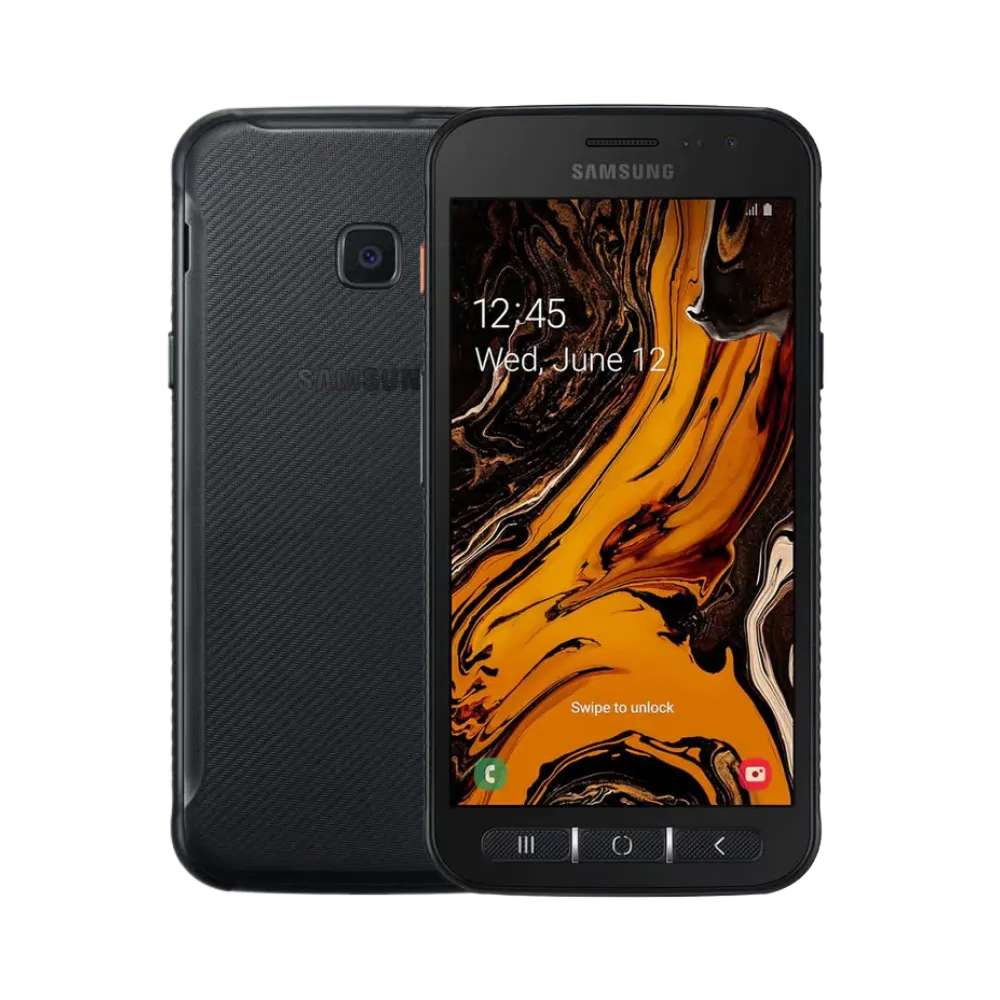 Samsung Galaxy XCover 4s vu de face et de dos. iTelier Lyon : réparation écran tactile cassé, vitre arrière endommagée, changement batterie et connecteur. Diagnostic offert, pièces garanties 1 an, service en boutique et par correspondance.