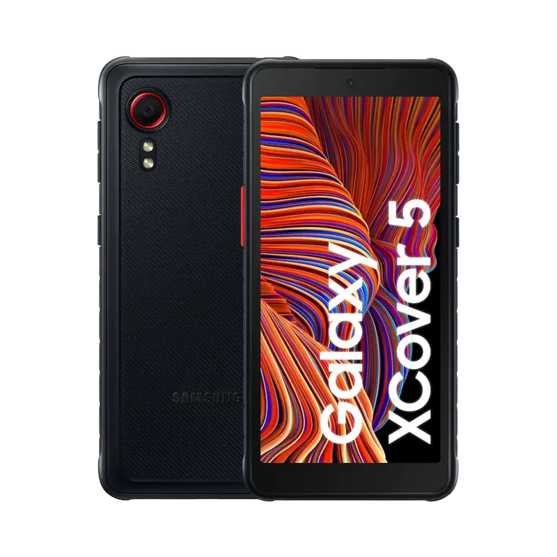 Samsung Galaxy XCover 5 affiché de face et de dos. iTelier Lyon : réparation écran cassé, vitre arrière fissurée, changement batterie, connecteur de charge ou appareil photo. Diagnostic gratuit et garantie 1 an.