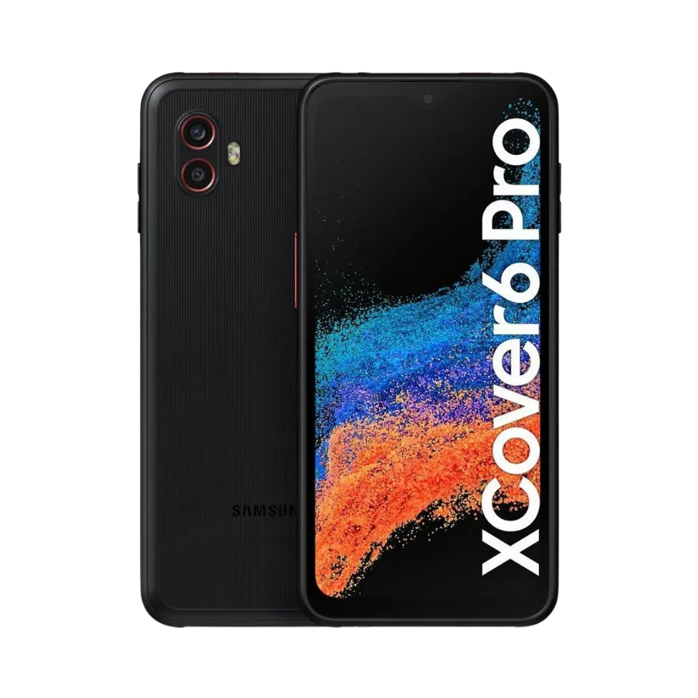 Samsung Galaxy XCover 6 Pro affiché de face et de dos. iTelier Lyon : réparation d’écran fissuré, vitre arrière, changement batterie, connecteur de charge ou appareil photo. Diagnostic offert et garantie 1 an.