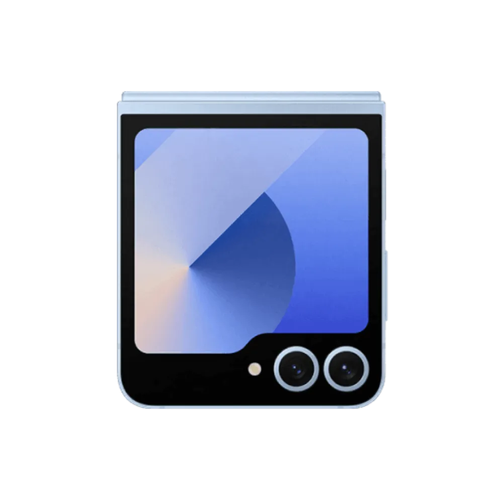 Arrière du Samsung Galaxy Z Flip6 en finition bleue avec modules photo. iTelier Lyon : remplacement cache arrière, réparation caméra, batterie ou connecteur de charge. Réparation locale avec pièces garanties.