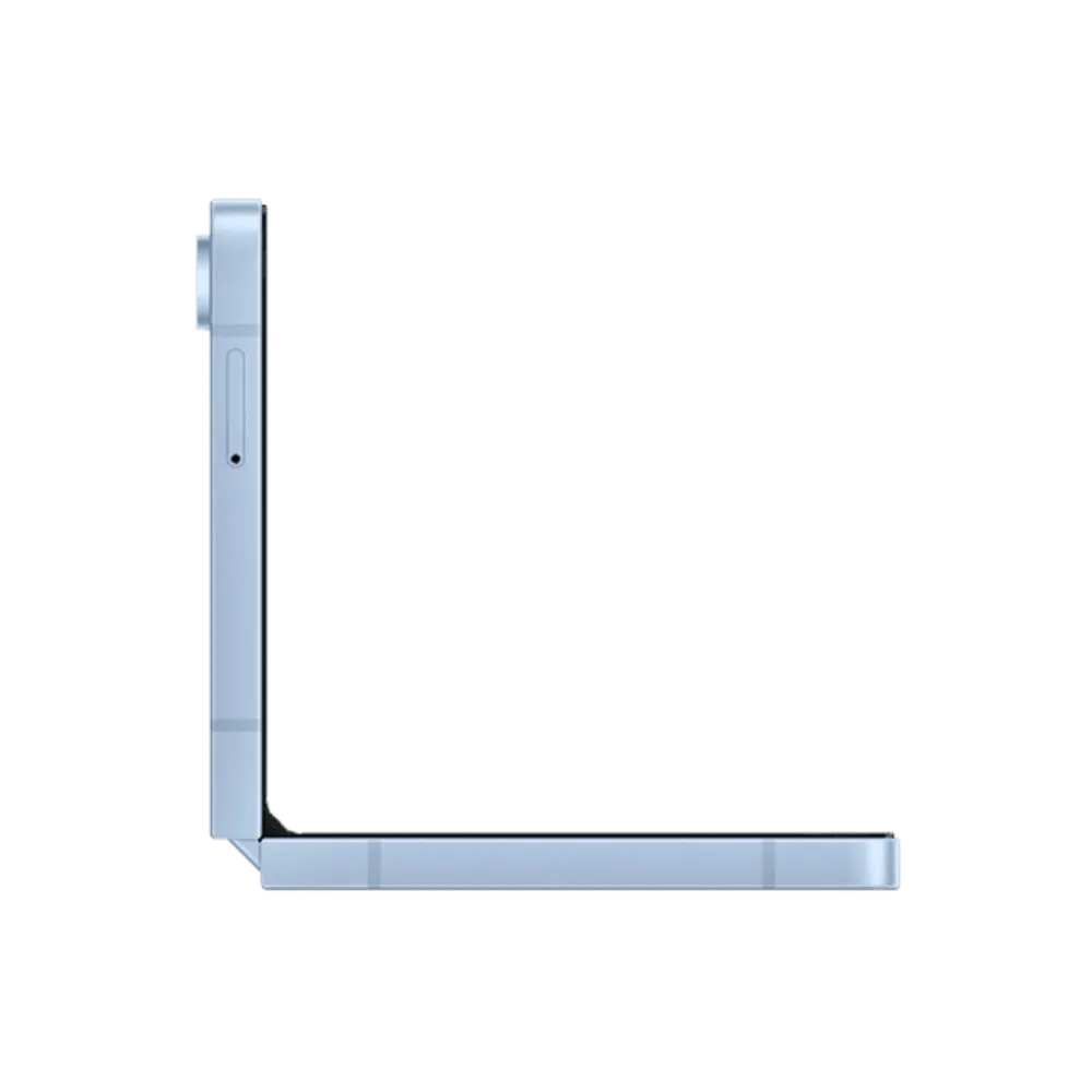 Vue de profil du Samsung Galaxy Z Flip6 plié à 90° en forme de L. iTelier Lyon : réparation charnière pliable, remplacement batterie interne, écran AMOLED ou connecteur de charge. Service express à Lyon.