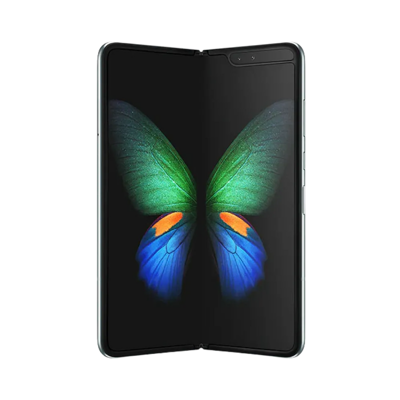 Galaxy Z Fold première génération partiellement ouvert, affichant l’écran pliable en transition. iTelier Lyon : réparation charnière, dalle AMOLED interne ou vitre fissurée. Garantie 1 an incluse.