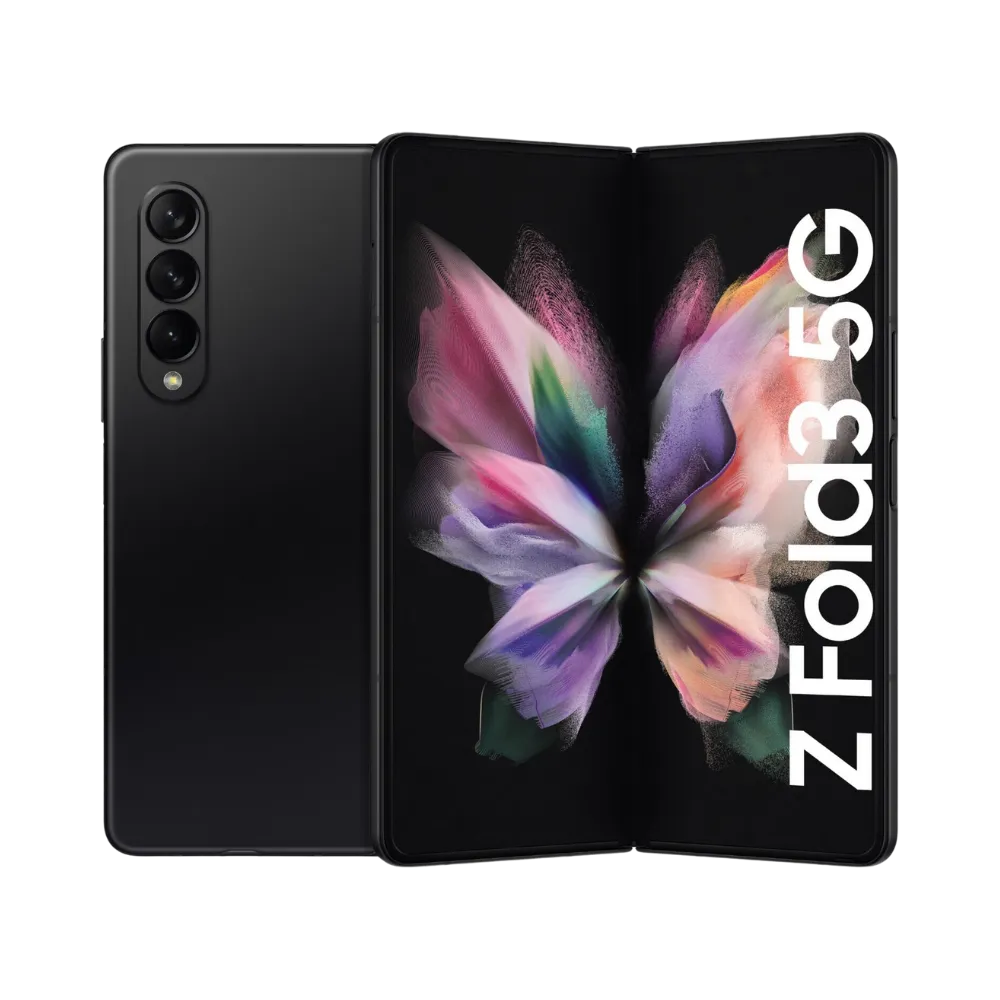 Samsung Galaxy Z Fold3 5G ouvert laissant voir son large écran pliable AMOLED. iTelier Lyon : réparation écran pliable fissuré, dalle tactile interne endommagée, ou charnière bloquée. Garantie 1 an et diagnostic offert.