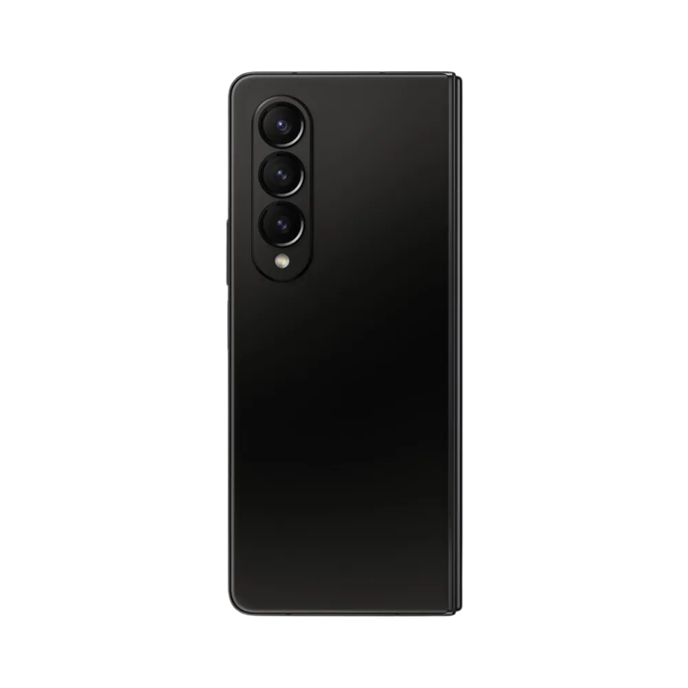 Arrière du Samsung Galaxy Z Fold4 en noir avec triple capteur photo. iTelier Lyon : changement vitre arrière, remplacement lentille photo rayée ou module caméra cassé. Réparations garanties et pièces de qualité.