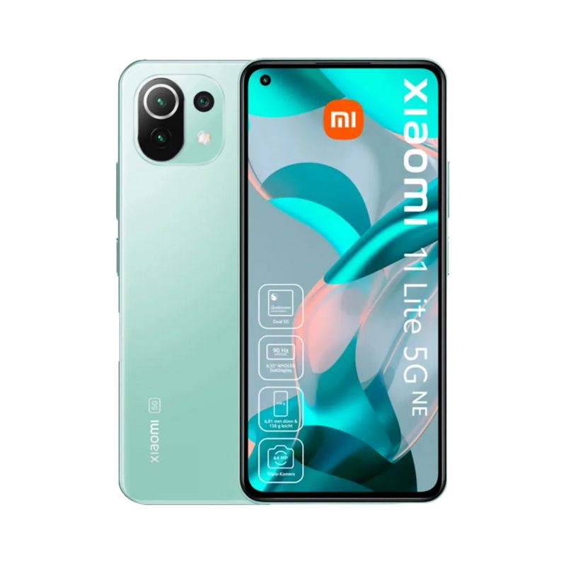 Xiaomi 11 Lite 5G NE vert en vue avant et arrière — réparation écran, vitre arrière et batterie par iTelier Lyon, diagnostic gratuit, pièces originales garanties 1 an, service express et envoi national.