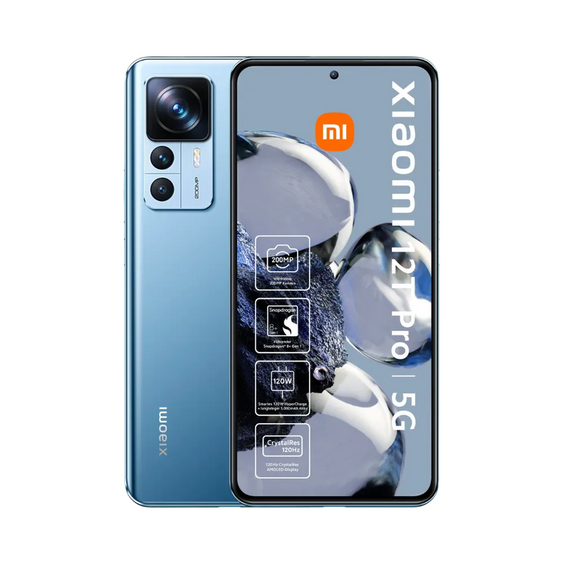 Xiaomi 12T Pro bleu en vue avant et arrière — réparation écran, vitre arrière et batterie par iTelier Lyon, diagnostic gratuit, pièces d’origine garanties 1 an, service express et envoi national.