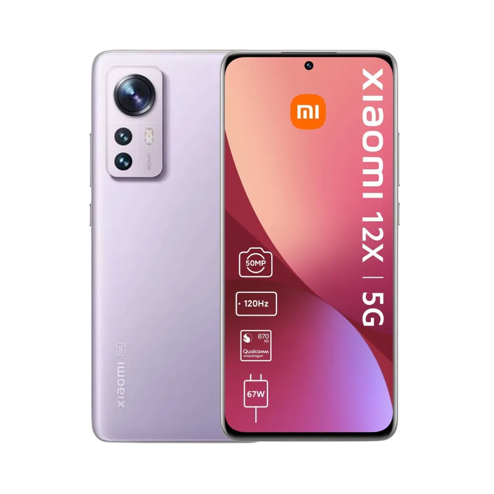 Xiaomi 12X violet en vue avant et arrière — réparation écran, vitre arrière et batterie par iTelier Lyon, diagnostic gratuit, pièces d’origine garanties 1 an, service express et envoi national.