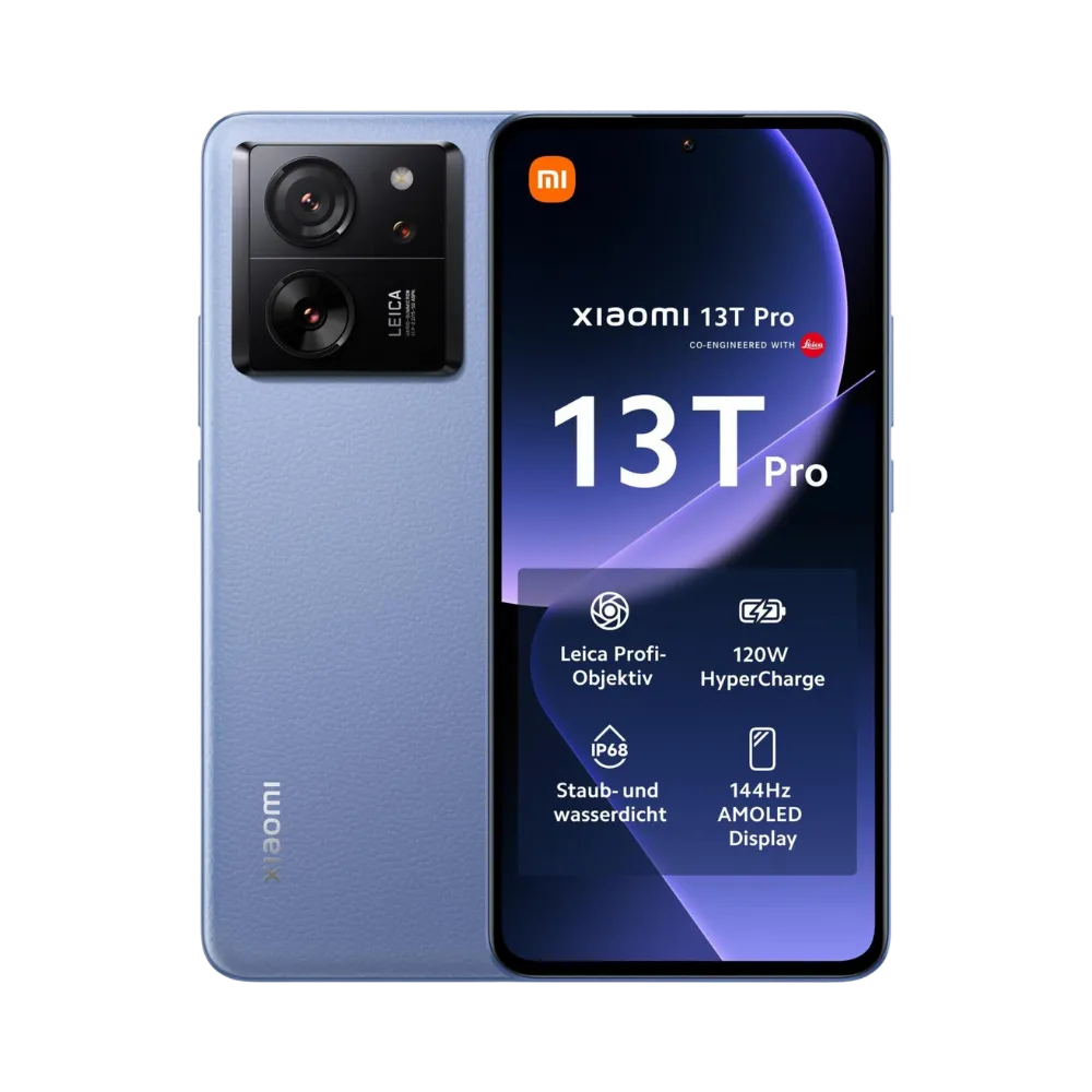 Xiaomi 13T Pro bleu en vue avant et arrière — réparation écran, vitre arrière et batterie chez iTelier Lyon, diagnostic offert, pièces d’origine garanties 1 an, service express et national.