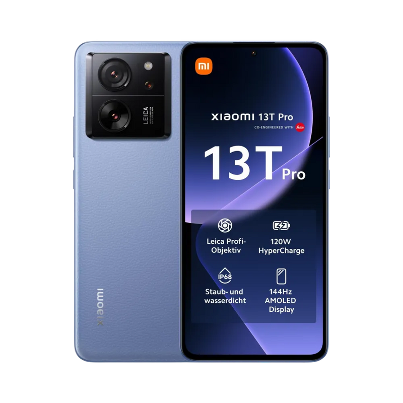 Xiaomi 13T Pro bleu en vue avant et arrière — réparation écran, vitre arrière et batterie chez iTelier Lyon, diagnostic offert, pièces d’origine garanties 1 an, service express et national.