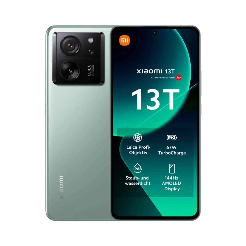 Xiaomi 13T vert en vue avant et arrière — réparation écran, vitre arrière et batterie par iTelier Lyon, diagnostic offert, pièces originales garanties 1 an, service express et envoi national.