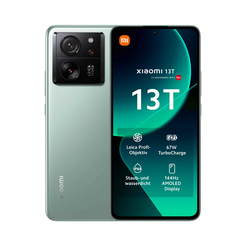 Xiaomi 13T vert en vue avant et arrière — réparation écran, vitre arrière et batterie par iTelier Lyon, diagnostic offert, pièces originales garanties 1 an, service express et envoi national.