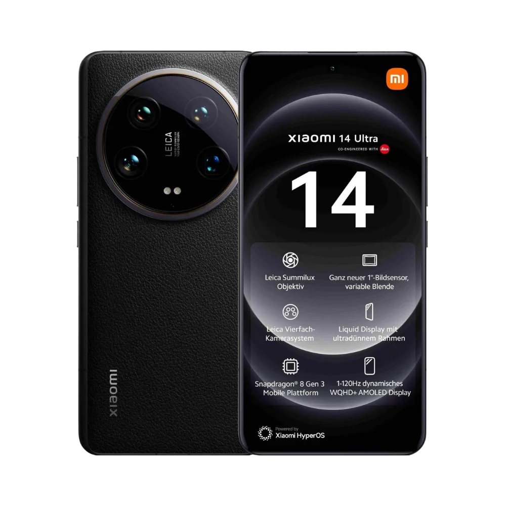 Xiaomi 14 Ultra noir en vue avant et arrière — réparation écran, vitre arrière et batterie chez iTelier Lyon, diagnostic gratuit, pièces d’origine garanties 1 an, service express ou envoi national.